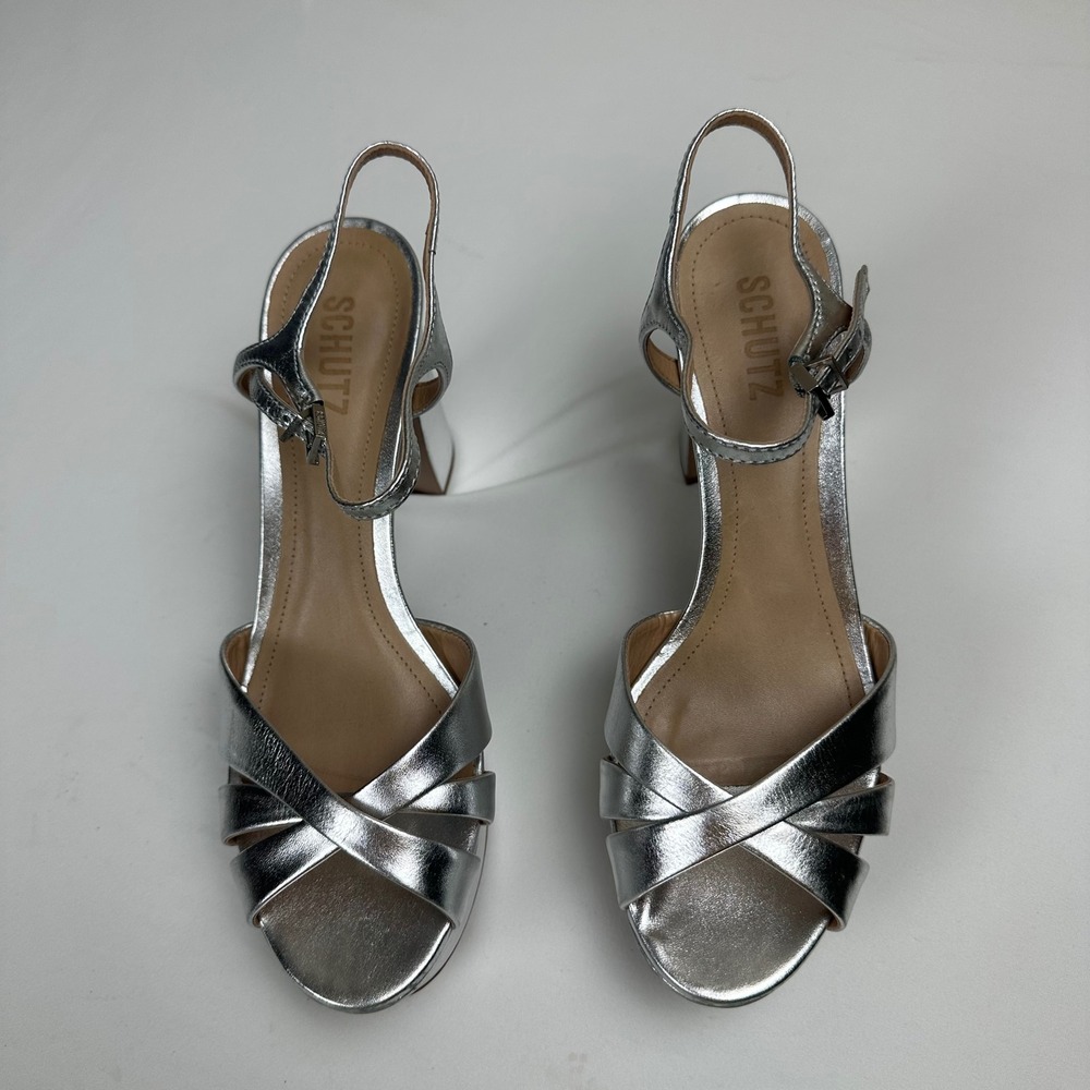 Schutz Women's 8.5 Silver Metallic Leather Platform Block Heel Sandals